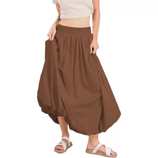 imagechouyatou Womens Summer Y2k Bubble Maxi Long Skirt Puffy Ruffle High Waist ALine Smocked SkirtBrown