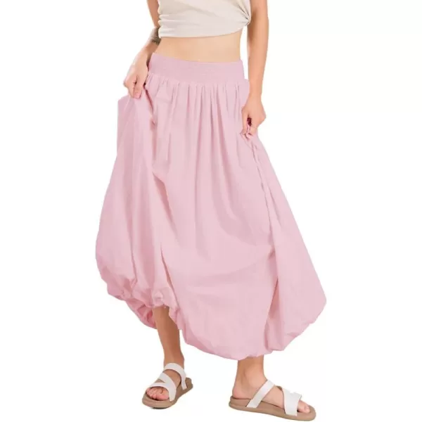 imagechouyatou Womens Summer Y2k Bubble Maxi Long Skirt Puffy Ruffle High Waist ALine Smocked SkirtPink