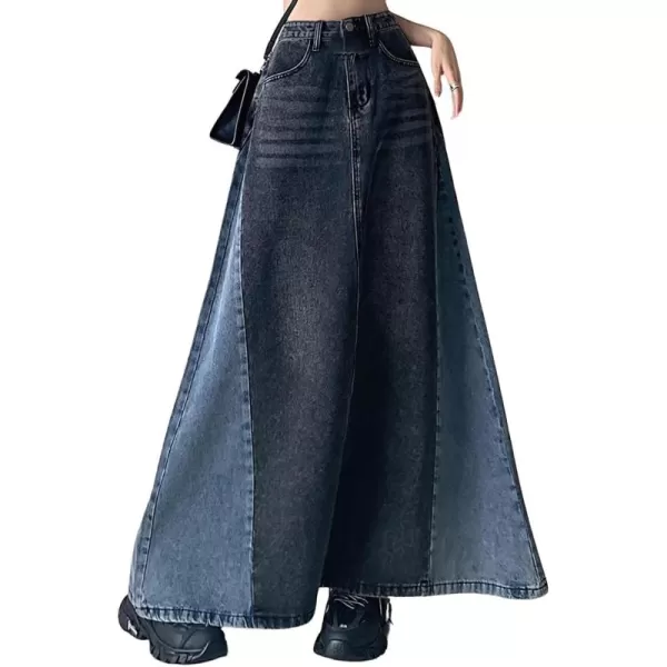 imagechouyatou Womens Vintage ALine Maxi Denim Skirt Casual Color Block High Waist Long Jean SkirtBlack