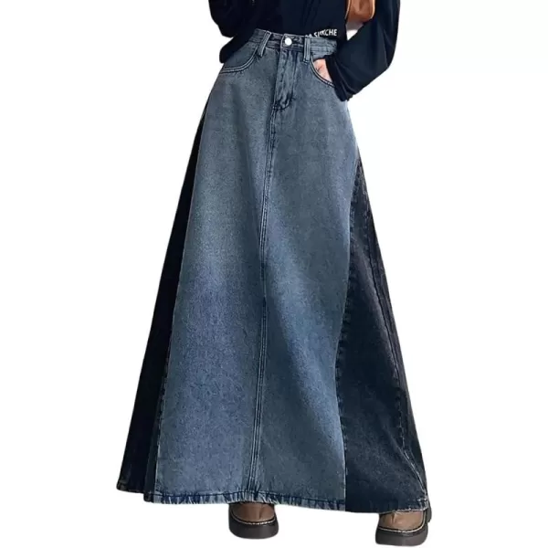 imagechouyatou Womens Vintage ALine Maxi Denim Skirt Casual Color Block High Waist Long Jean SkirtBlue