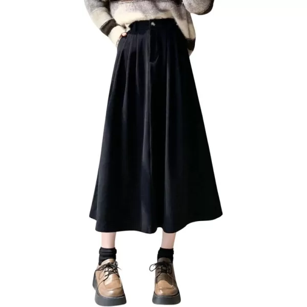 imagechouyatou Womens Vintage Corduroy A Line Skirt High Elastic Waist Pleated Swing Midi Long Skirt with PocketsBlack