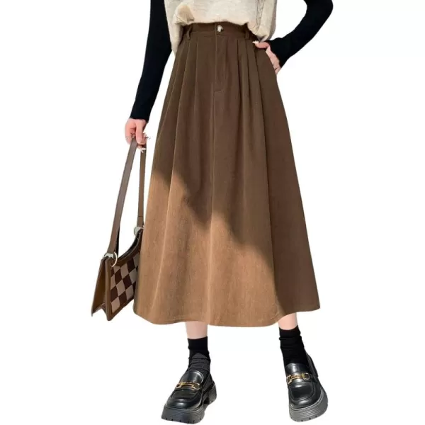 imagechouyatou Womens Vintage Corduroy A Line Skirt High Elastic Waist Pleated Swing Midi Long Skirt with PocketsBrown