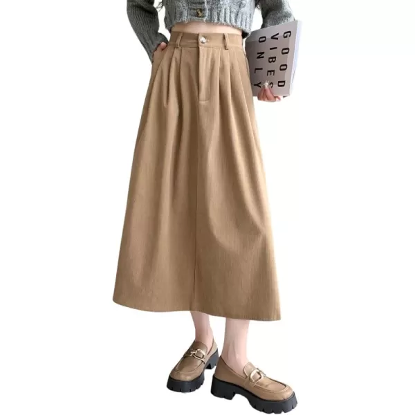 imagechouyatou Womens Vintage Corduroy A Line Skirt High Elastic Waist Pleated Swing Midi Long Skirt with PocketsKhaki