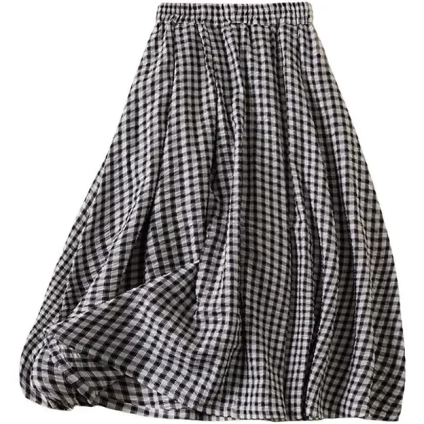 imagechouyatou Womens Vintage Plaid Elastic Waist A Line Pleated Swing Midi Long Skirt with PocketsBlack