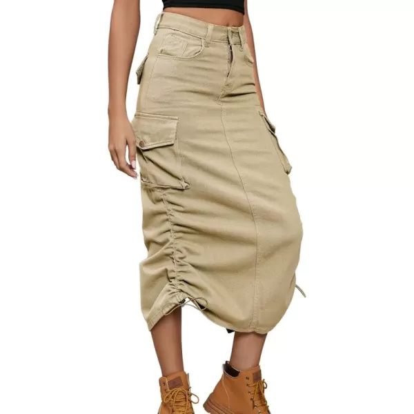 imagechouyatou Womens Y2K Cargo Skirt Jean Adjustable Casual ALine Midi Long Denim SkirtKhaki
