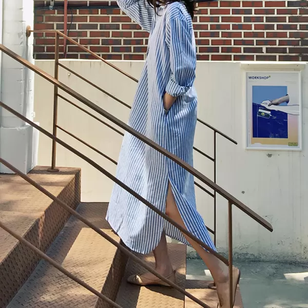 imagechouyatou Women Casual Long Sleeve V Neck Striped Shift Dress Loose Long Maxi Cotton Shirt Dress with PocketBlue