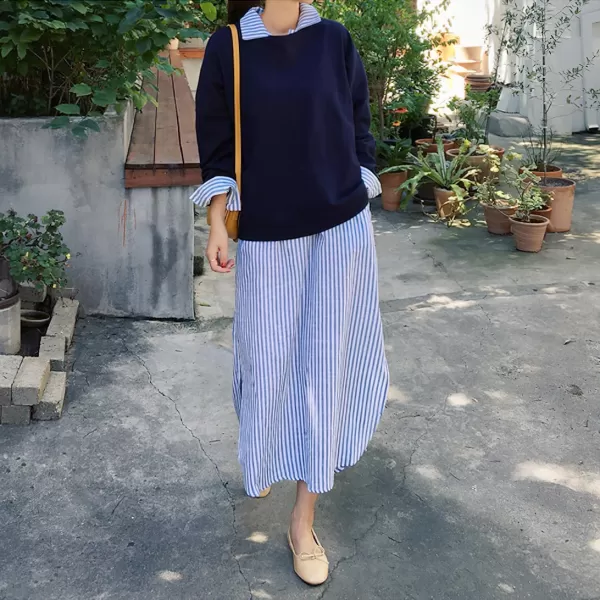 imagechouyatou Women Casual Long Sleeve V Neck Striped Shift Dress Loose Long Maxi Cotton Shirt Dress with PocketBlue