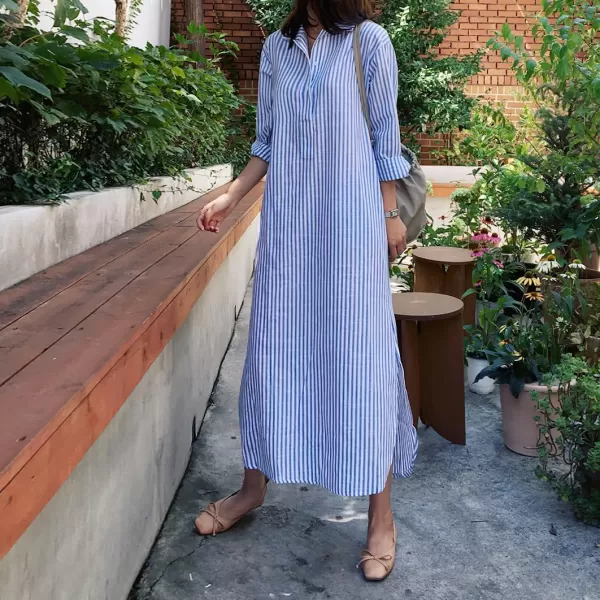 imagechouyatou Women Casual Long Sleeve V Neck Striped Shift Dress Loose Long Maxi Cotton Shirt Dress with PocketBlue