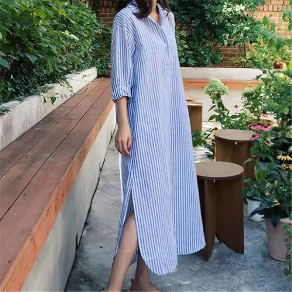 imagechouyatou Women Casual Long Sleeve V Neck Striped Shift Dress Loose Long Maxi Cotton Shirt Dress with PocketBlue