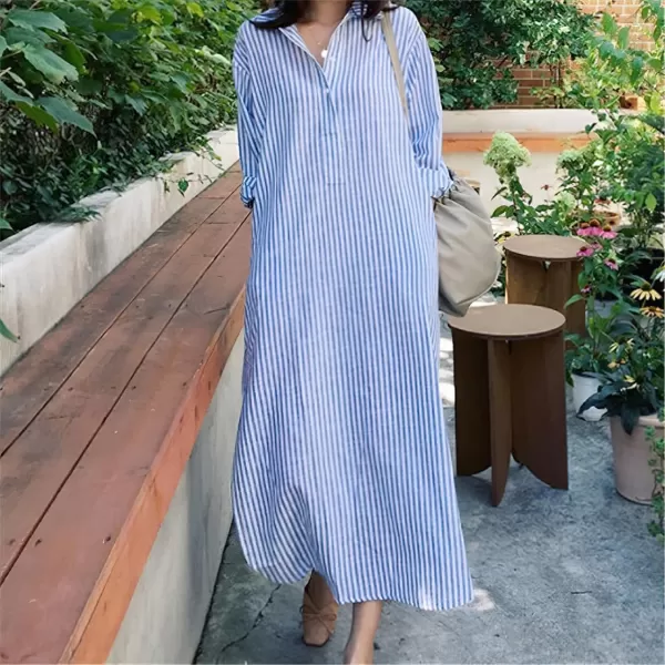 imagechouyatou Women Casual Long Sleeve V Neck Striped Shift Dress Loose Long Maxi Cotton Shirt Dress with PocketBlue