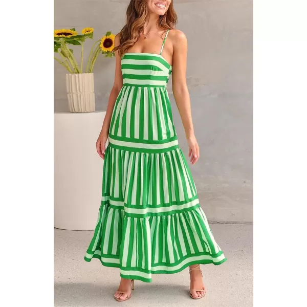 imagechouyatou Women Spaghetti Strap Back Smocked Maxi Striped Dress Summer Casual Floral Flowy Beach Sun DressGreen