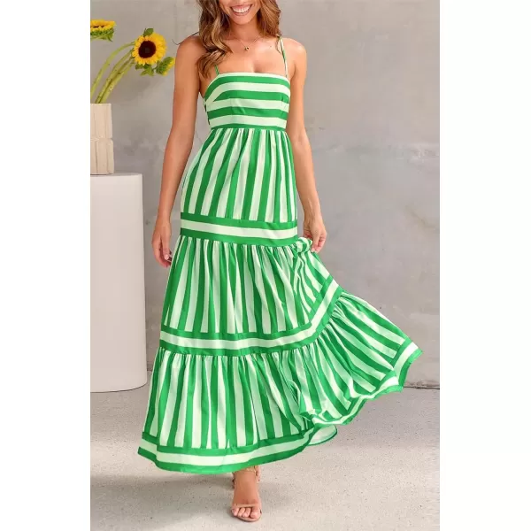 imagechouyatou Women Spaghetti Strap Back Smocked Maxi Striped Dress Summer Casual Floral Flowy Beach Sun DressGreen