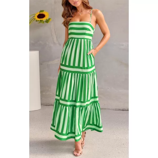 imagechouyatou Women Spaghetti Strap Back Smocked Maxi Striped Dress Summer Casual Floral Flowy Beach Sun DressGreen