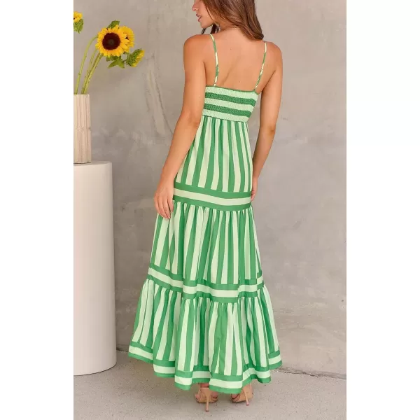 imagechouyatou Women Spaghetti Strap Back Smocked Maxi Striped Dress Summer Casual Floral Flowy Beach Sun DressGreen
