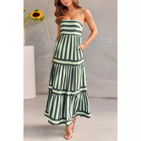 imagechouyatou Women Spaghetti Strap Back Smocked Maxi Striped Dress Summer Casual Floral Flowy Beach Sun DressGreen Black