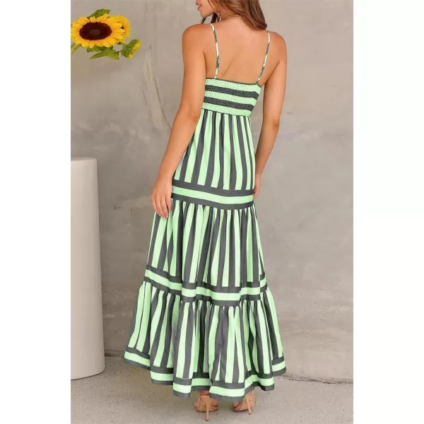 imagechouyatou Women Spaghetti Strap Back Smocked Maxi Striped Dress Summer Casual Floral Flowy Beach Sun DressGreen Black