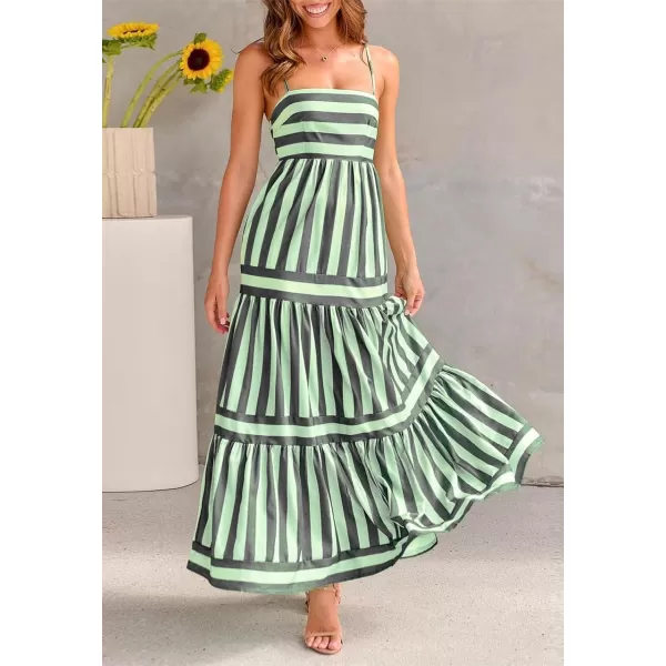 imagechouyatou Women Spaghetti Strap Back Smocked Maxi Striped Dress Summer Casual Floral Flowy Beach Sun DressGreen Black