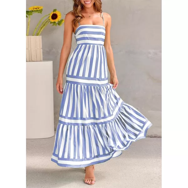 imagechouyatou Women Spaghetti Strap Back Smocked Maxi Striped Dress Summer Casual Floral Flowy Beach Sun DressLight Blue