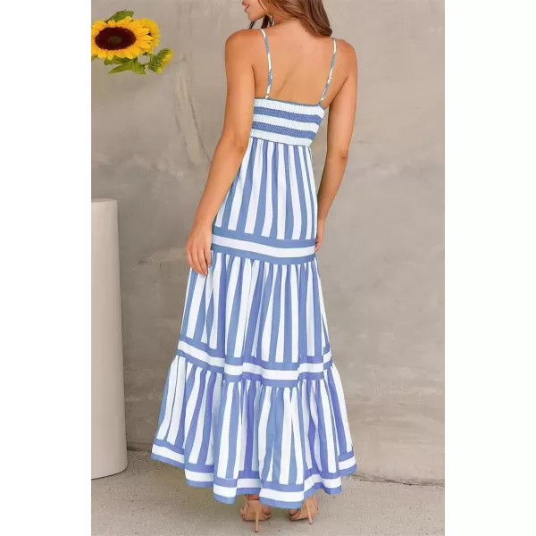 imagechouyatou Women Spaghetti Strap Back Smocked Maxi Striped Dress Summer Casual Floral Flowy Beach Sun DressLight Blue