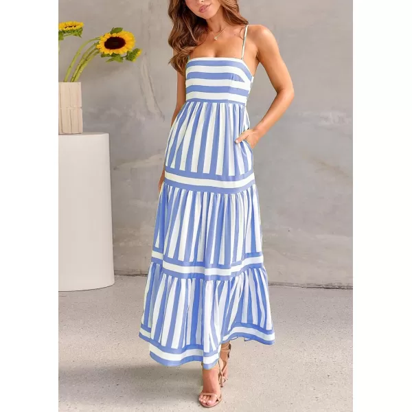 imagechouyatou Women Spaghetti Strap Back Smocked Maxi Striped Dress Summer Casual Floral Flowy Beach Sun DressLight Blue