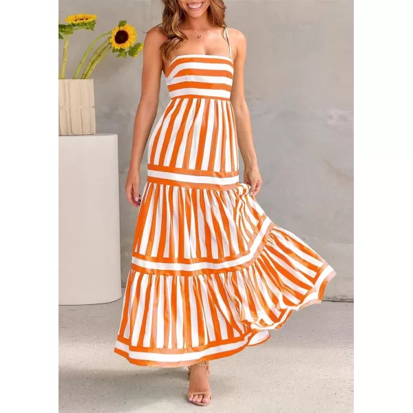 imagechouyatou Women Spaghetti Strap Back Smocked Maxi Striped Dress Summer Casual Floral Flowy Beach Sun DressOrange