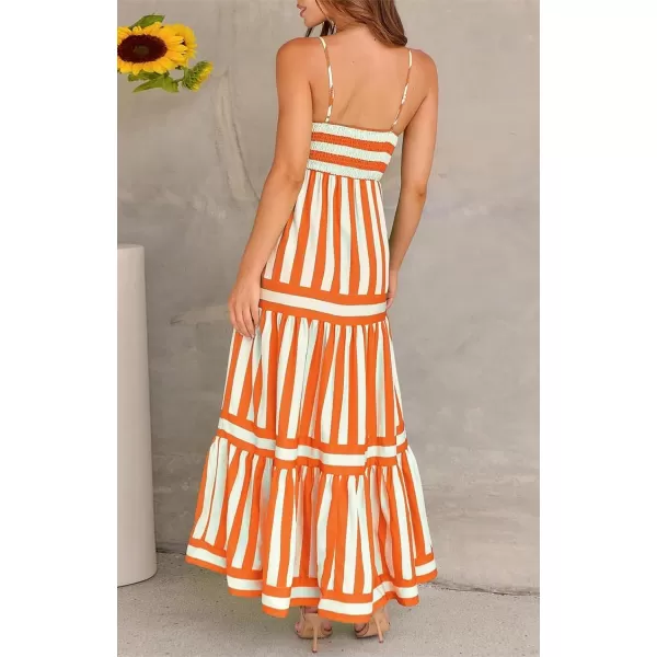 imagechouyatou Women Spaghetti Strap Back Smocked Maxi Striped Dress Summer Casual Floral Flowy Beach Sun DressOrange
