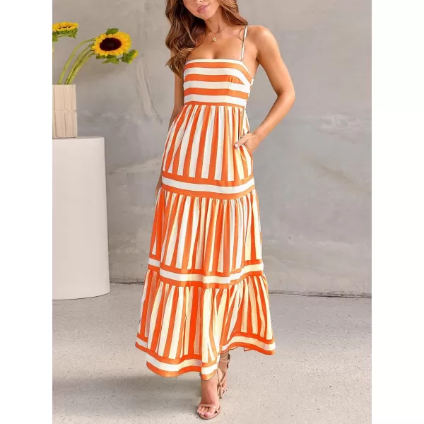 imagechouyatou Women Spaghetti Strap Back Smocked Maxi Striped Dress Summer Casual Floral Flowy Beach Sun DressOrange