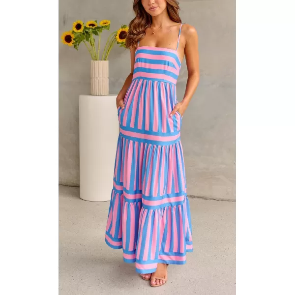 imagechouyatou Women Spaghetti Strap Back Smocked Maxi Striped Dress Summer Casual Floral Flowy Beach Sun DressPink Blue