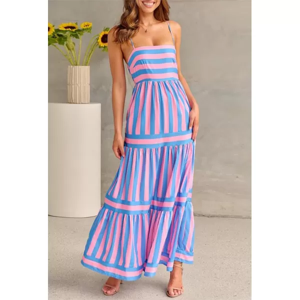 imagechouyatou Women Spaghetti Strap Back Smocked Maxi Striped Dress Summer Casual Floral Flowy Beach Sun DressPink Blue