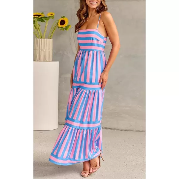 imagechouyatou Women Spaghetti Strap Back Smocked Maxi Striped Dress Summer Casual Floral Flowy Beach Sun DressPink Blue