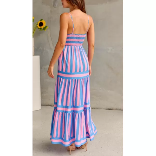 imagechouyatou Women Spaghetti Strap Back Smocked Maxi Striped Dress Summer Casual Floral Flowy Beach Sun DressPink Blue