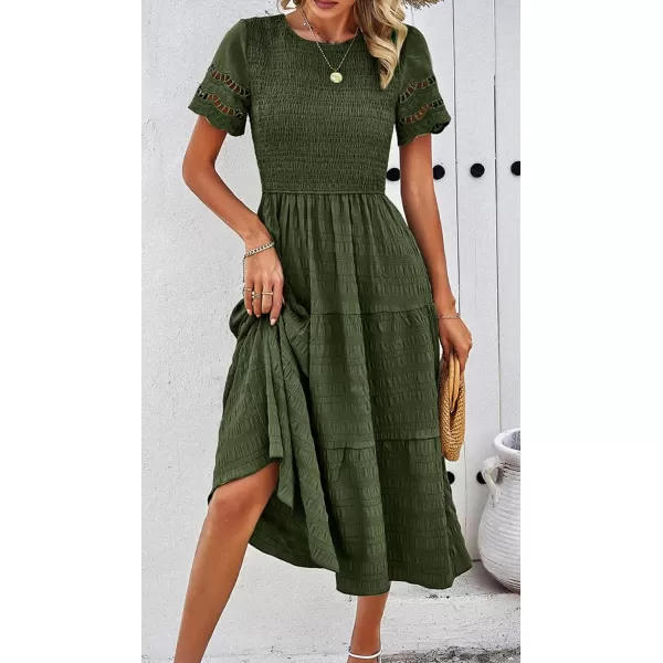 imagechouyatou Womens 2024 Spring Summer Solid Color elegant dresses Crewneck cut out Maxi DressArmygreen