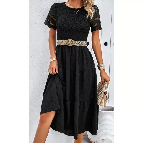imagechouyatou Womens 2024 Spring Summer Solid Color elegant dresses Crewneck cut out Maxi DressBlack