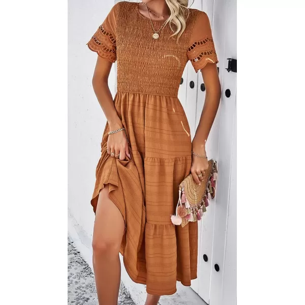 imagechouyatou Womens 2024 Spring Summer Solid Color elegant dresses Crewneck cut out Maxi DressBrown