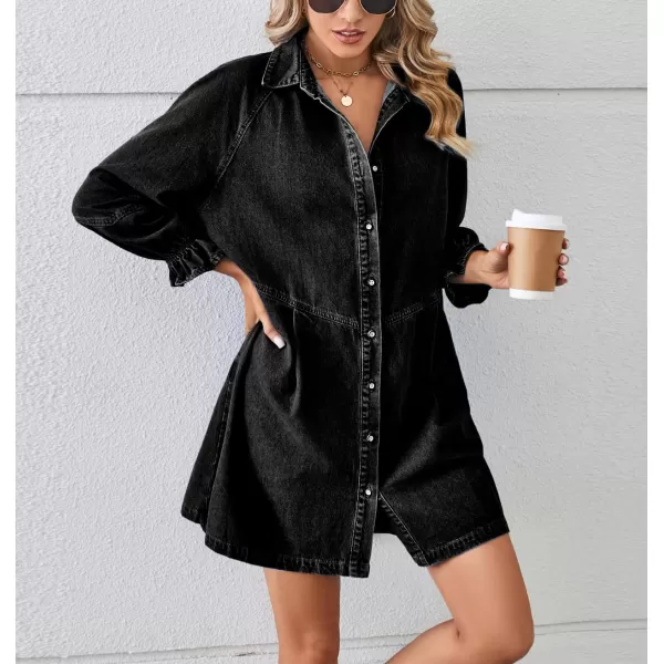 imagechouyatou Womens Button Down Denim Shirt Dress Lantern Bracelet Sleeve Tiered Baydoll Jean Mini DressBlack Gray