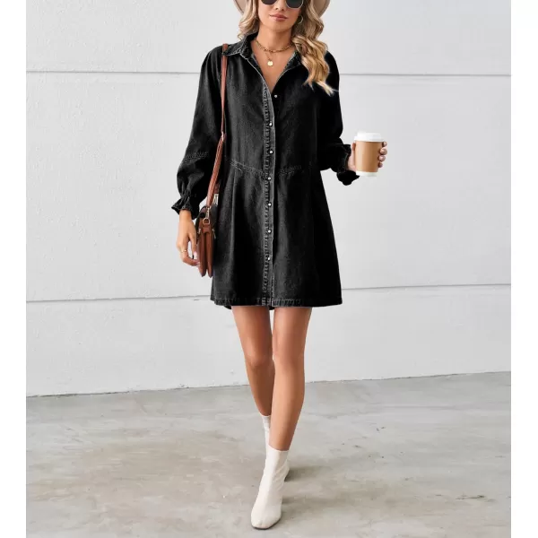 imagechouyatou Womens Button Down Denim Shirt Dress Lantern Bracelet Sleeve Tiered Baydoll Jean Mini DressBlack Gray