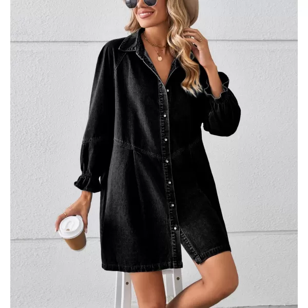 imagechouyatou Womens Button Down Denim Shirt Dress Lantern Bracelet Sleeve Tiered Baydoll Jean Mini DressBlack Gray