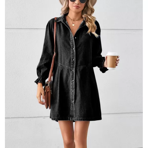 imagechouyatou Womens Button Down Denim Shirt Dress Lantern Bracelet Sleeve Tiered Baydoll Jean Mini DressBlack Gray