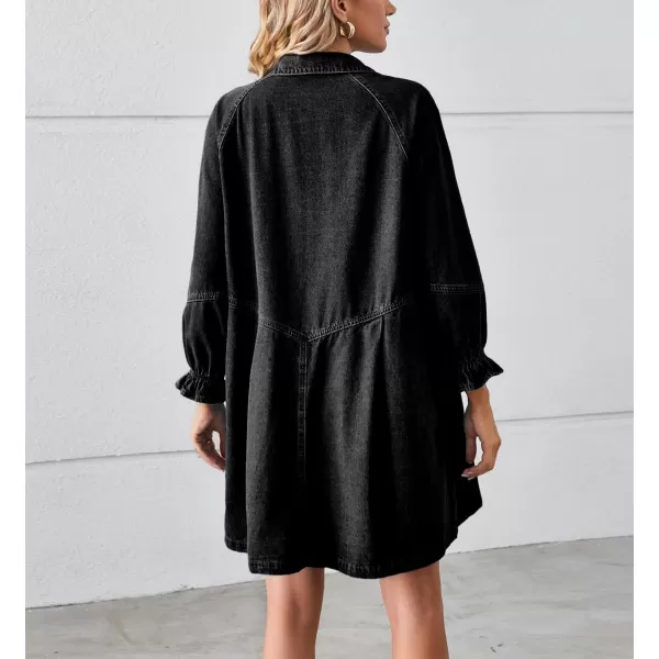 imagechouyatou Womens Button Down Denim Shirt Dress Lantern Bracelet Sleeve Tiered Baydoll Jean Mini DressBlack Gray
