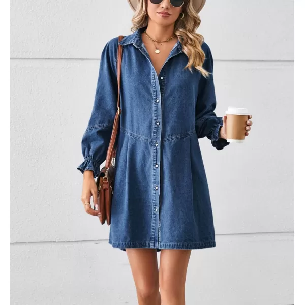 imagechouyatou Womens Button Down Denim Shirt Dress Lantern Bracelet Sleeve Tiered Baydoll Jean Mini DressDark Blue