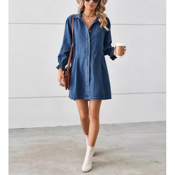 imagechouyatou Womens Button Down Denim Shirt Dress Lantern Bracelet Sleeve Tiered Baydoll Jean Mini DressDark Blue