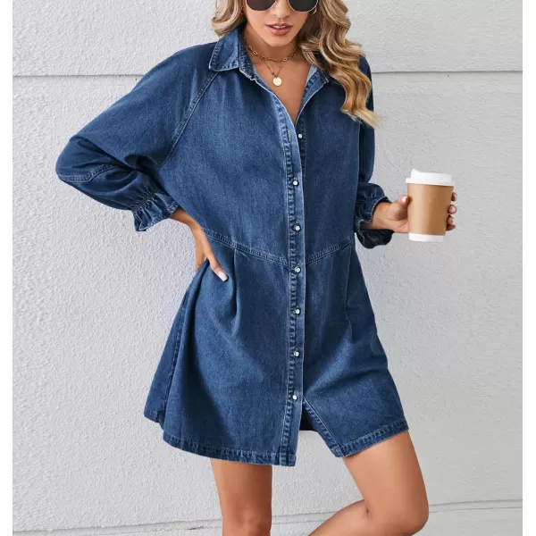 imagechouyatou Womens Button Down Denim Shirt Dress Lantern Bracelet Sleeve Tiered Baydoll Jean Mini DressDark Blue