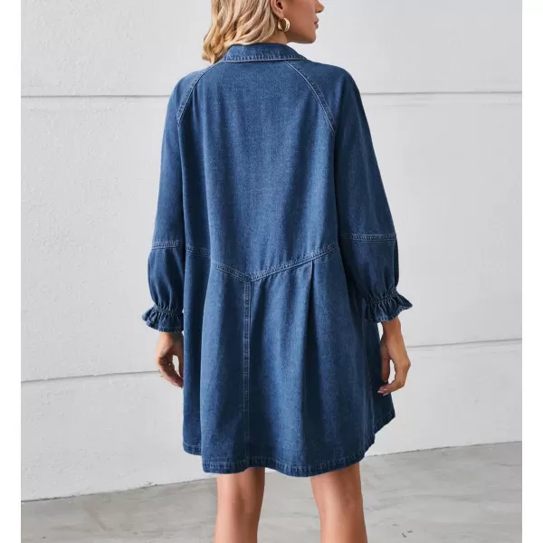 imagechouyatou Womens Button Down Denim Shirt Dress Lantern Bracelet Sleeve Tiered Baydoll Jean Mini DressDark Blue