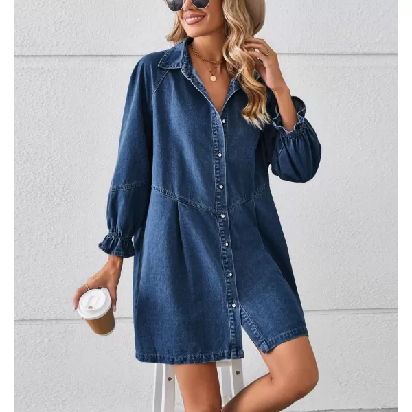 imagechouyatou Womens Button Down Denim Shirt Dress Lantern Bracelet Sleeve Tiered Baydoll Jean Mini DressDark Blue