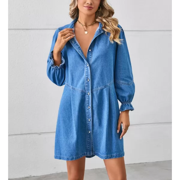 imagechouyatou Womens Button Down Denim Shirt Dress Lantern Bracelet Sleeve Tiered Baydoll Jean Mini DressLight Blue