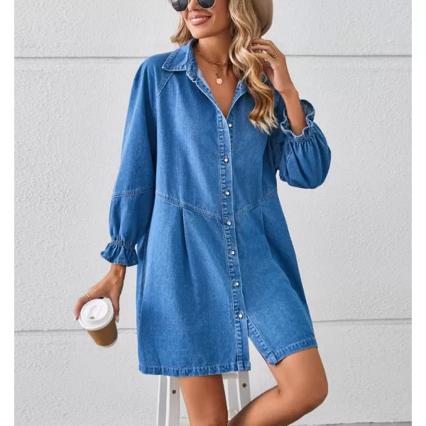 imagechouyatou Womens Button Down Denim Shirt Dress Lantern Bracelet Sleeve Tiered Baydoll Jean Mini DressLight Blue