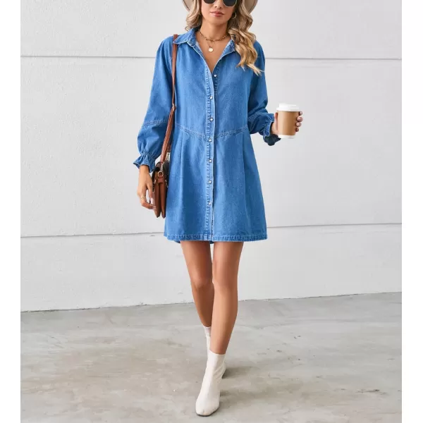 imagechouyatou Womens Button Down Denim Shirt Dress Lantern Bracelet Sleeve Tiered Baydoll Jean Mini DressLight Blue