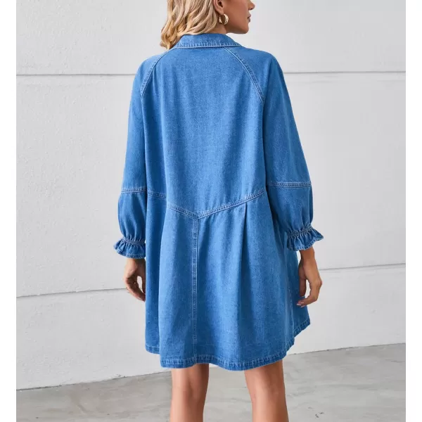 imagechouyatou Womens Button Down Denim Shirt Dress Lantern Bracelet Sleeve Tiered Baydoll Jean Mini DressLight Blue