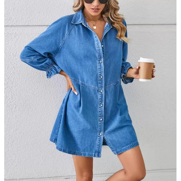 imagechouyatou Womens Button Down Denim Shirt Dress Lantern Bracelet Sleeve Tiered Baydoll Jean Mini DressLight Blue