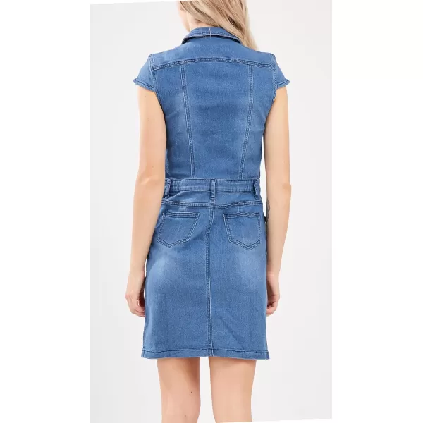 imagechouyatou Womens Cap Sleeve Bodycon 12 Button Placket Mini Denim Pencil DressBlue